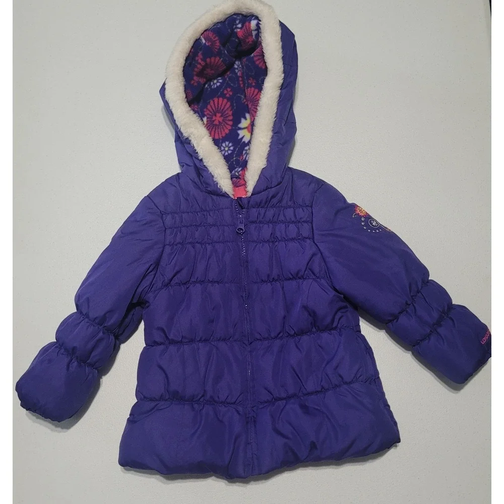 London Fog Girls Purple Puffer Jacket Size 3T Fleece Lined Coat Embroidered
